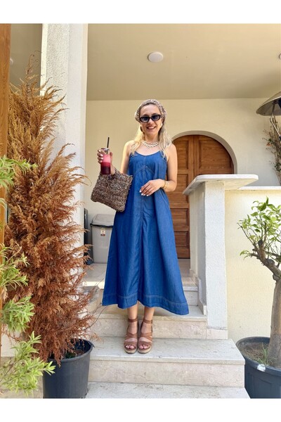 Gözde Tasarım Butik Women's Blue Color Midi Length Loose Tencel Denim Dress w...