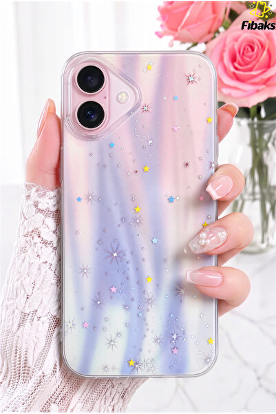 Fibaks iPhone 17 Kılıf Hologramlı Yıldız Işıltısı Desenli Şeffaf Silikon | İç...