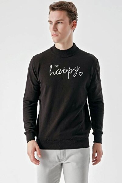 Mariposa Secret Men's Half-Turtleneck Sweater Printed Woven Knitwear - Black