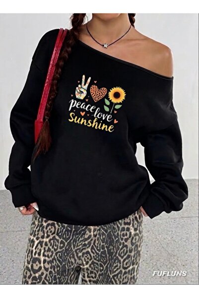 FUFLUNS Peace Love Sunshine Printed Oversized Women's Boat Neck Sweatshirt