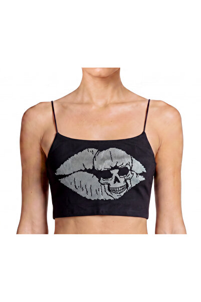 Linea Noir Dudak Desenli,Taşlı Büstiyer,%95 Pamuk, İnce Askılı Crop Top