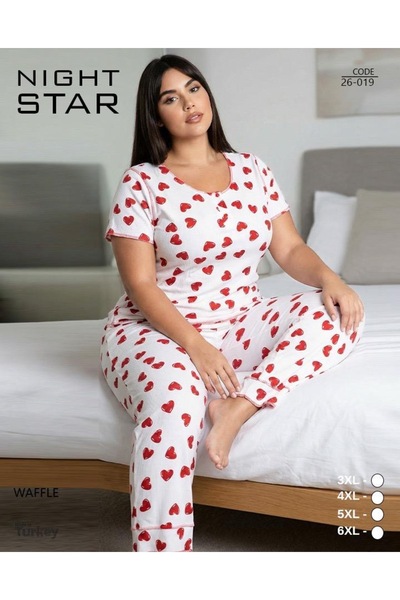 Night Star İkon Lace Star Patterned Button Detailed Waffle Plus Size Pajama Set