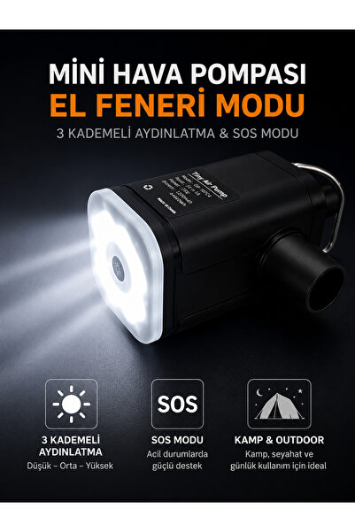 HookAh Şarjlı Mini Elektrikli Nargile Hava Pompası 1200 mAh - Şişirme & Vakum Özellikli - 3 Mod LED Kamp Lambası ve El Feneri - 5 Başlıklı