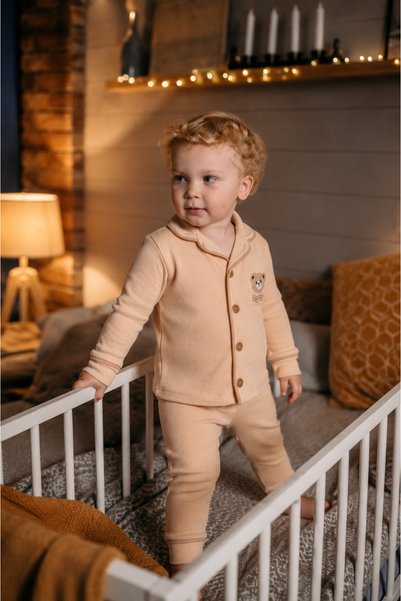 modaminikler Baby Boy & Child Buttoned Teddy Bear Figured 100% Cotton Pajama Set
