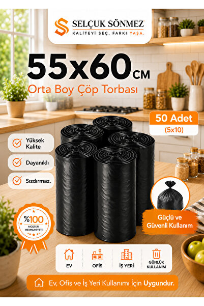 SELÇUK SÖNMEZ ORTA BOY ÇÖP POŞETİ 55X60 CM SİYAH 50 ADET (5X10) DAYANIKLI SIZ...