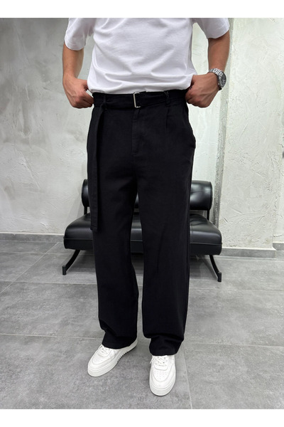 DIFRANSEL JEANS بنطلون كتان فضفاض للرجال مع تفاصيل حزام