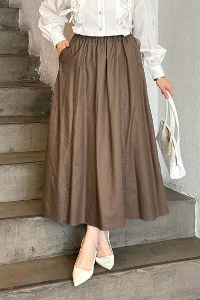 lamelif Pocket Detailed Flared Linen Skirt Bitter Brown