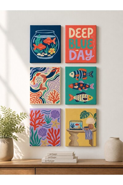 ARTAGE 6’lı Retro Modern Bohem Naif Sanat Kanvas Tablo Seti