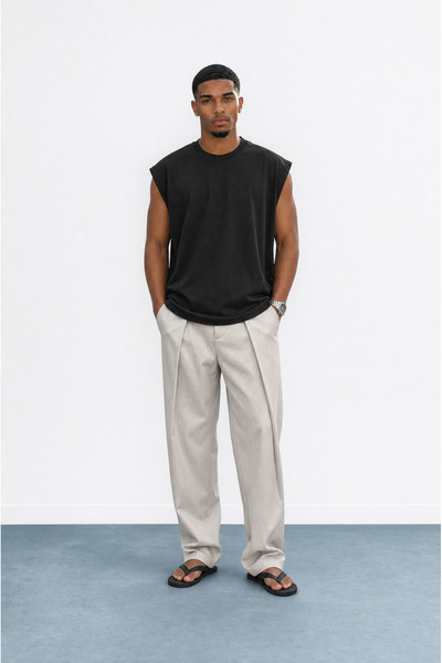Respire Men's Deep Pleated Fabric Baggy Trousers Beige