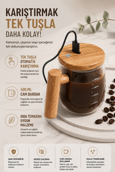 Coverzone Otomatik Karıştırma Bardağı 400 ml Cam Kupa Elektrikli Kahve Mikser...