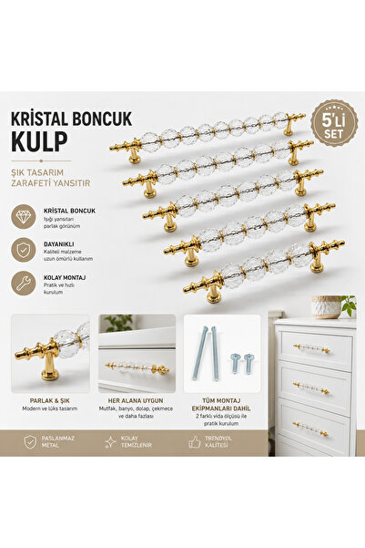 Arion Kristal Şeffaf Cam Gümüş Dolap Çekmece Kulp 64-96-128-160-192-224 Altın...