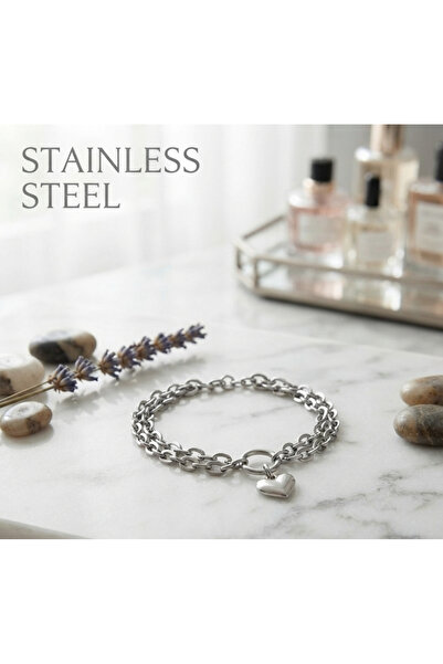 stainless steell Silver Color Chain Heart Motif Steel Bracelet