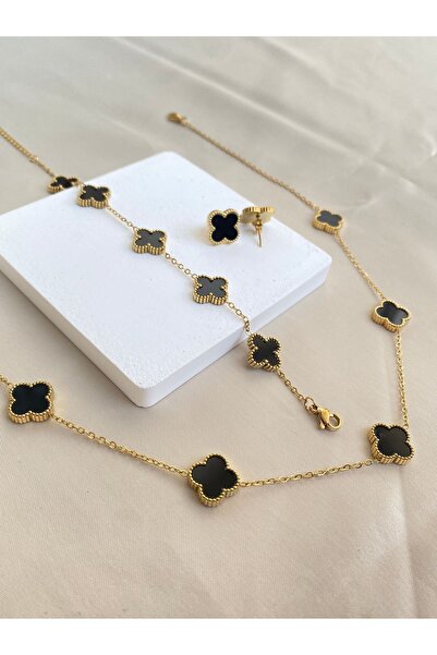 Inure Jewelry Siyah Yonca Taşlı Gold Yonca Model Çelik (KOLYE & BİLEKLİK & KÜ...