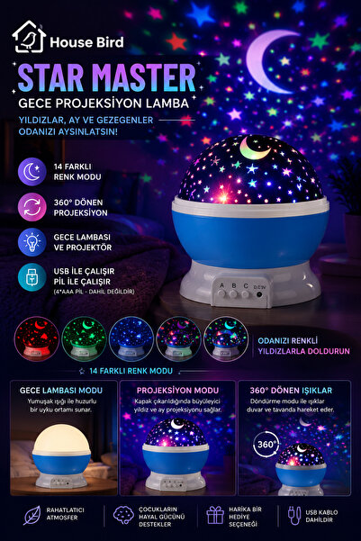House Bird Gece Projeksiyon Lambası 14 Renk Modlu 360° Dönen Yıldız Projektör...