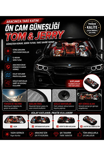 TEKNO TeknoGrip Tom & Jerry Desenli Araç Ön Cam Güneşliği Katlanabilir Oto Gü...