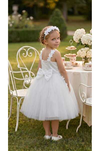 modabesta White Lace Floral Puffy Girls Evening Gown
