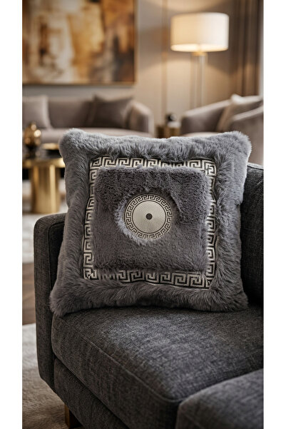 FeelHome Meram Rabbit Hair Soft Premium Leather Detailed Washable Cushion Cov...