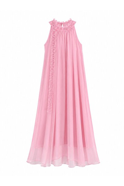 Laluvia Pink Collared Lace Long Dress - 3438