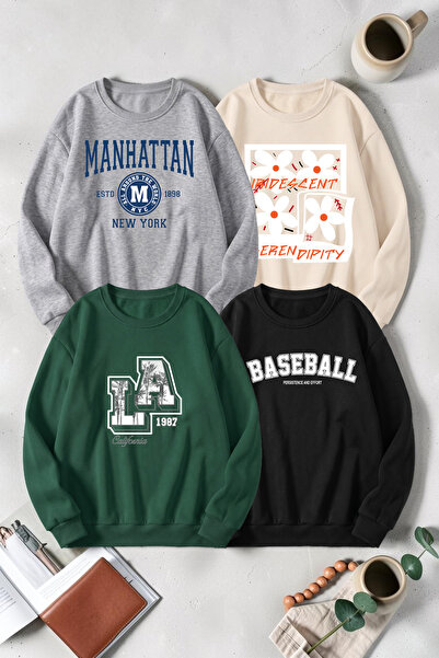 uyguntarz Unisex Mixed Printed Crew Neck Sweatshirt Set – Pack of 4