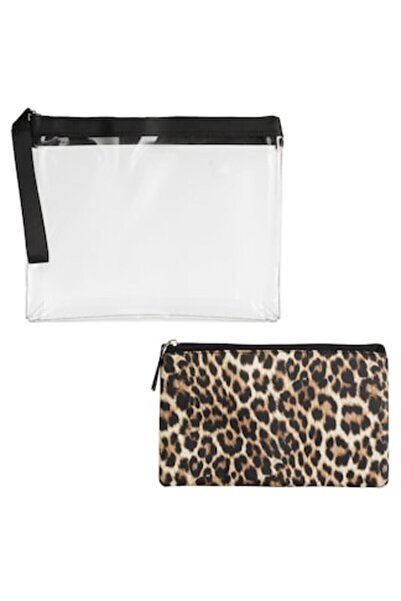 ivokid Set de genți cosmetice negru transparent și leopard cu mâner 27x21.5cm...