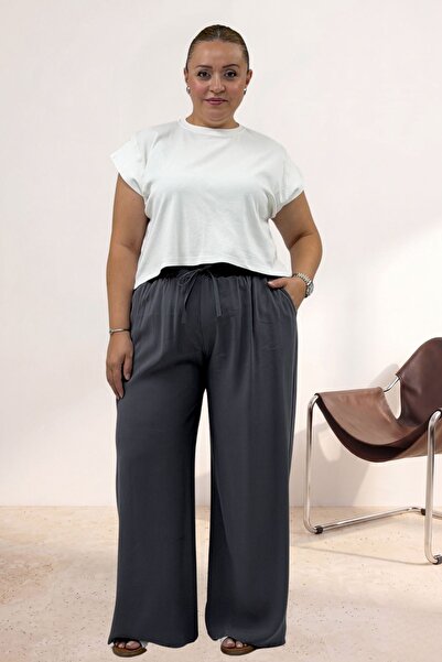 Eslina 69011 Large Size Wide Leg Cupra Trousers with Pockets and Elastic Wais...