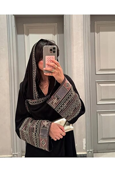 lutezi Black Embroidered Women's Khimar Abaya with Shoulder Cut and Royal Cre...