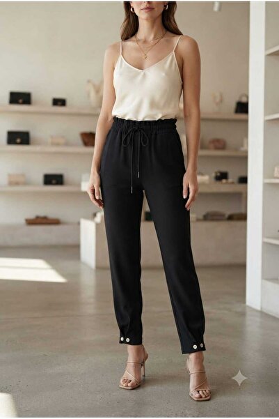 WOHOME Elastic Waist, Lace-Up Cuffs, Button Detail, Casual Women's Trousers