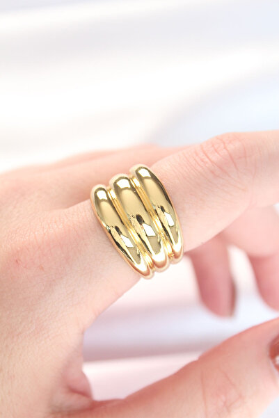 Mega Bazaar Gold Color Adjustable Striped Bombe Ring