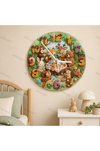 ensaat Forest Animals Tea Party Children's Room Wall Clock Silent Wooden Cloc...