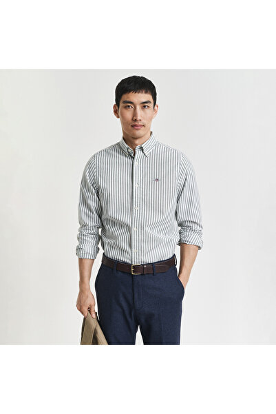 Gant Erkek Yeşil Slim Fit Düğmeli Yaka Çizgili Oxford Gömlek