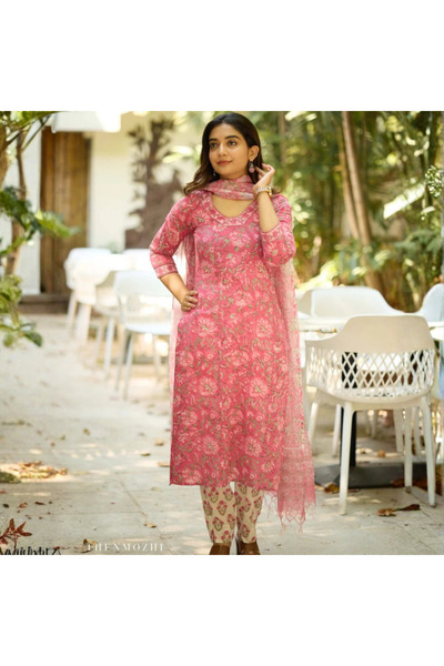 MYSMAR Pink Viscose Rayon Top Bottom & Dupatta - VRN1038 | Pink-Size:S-36-Inches