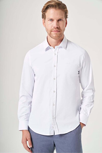 İmza White Hard Collar Long Sleeve Pocketless Slim Fit Cotton Shirt 1004260213