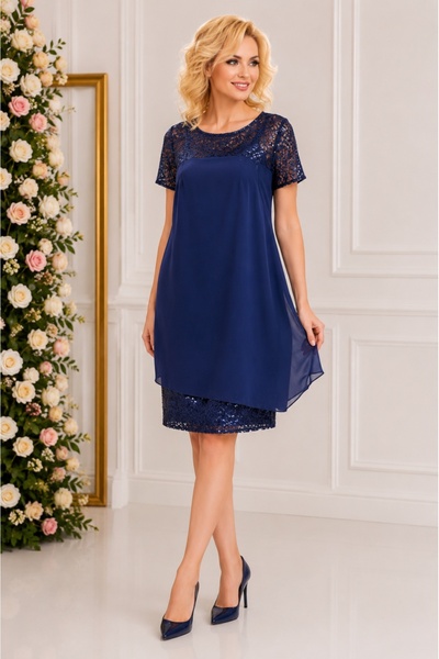 OEM Rochie de ocazie, vaporoasa, din voal si dantela bleumarin