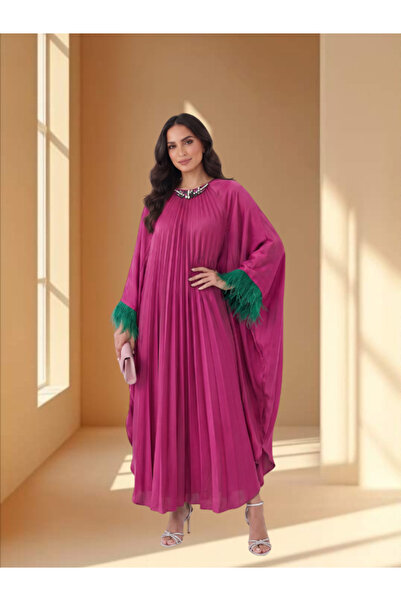 FNM Women's Pleated Kaftan Dress - Embellished Neckline & Contrast Feather Cuffs