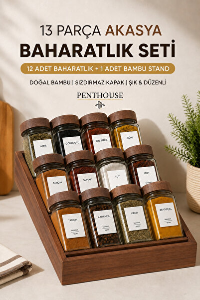 Penthouse 13 Piece Glass Spice Jar Set with Acacia Bamboo Stand 120 ml 12 Spi...