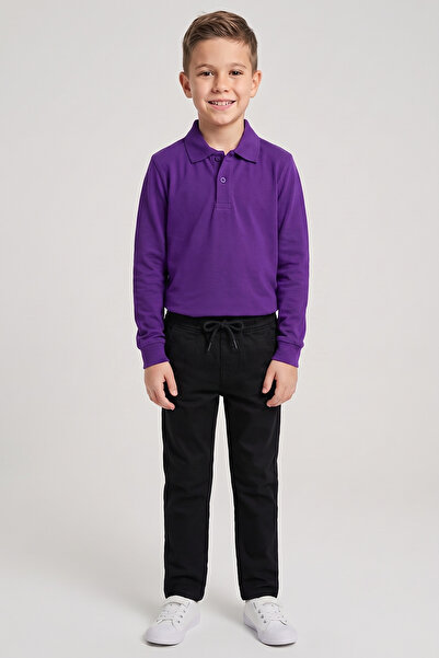 nacar çarşı Boys' Purple Long Sleeve Polo Collar T-Shirt Black Ribbed Waist C...
