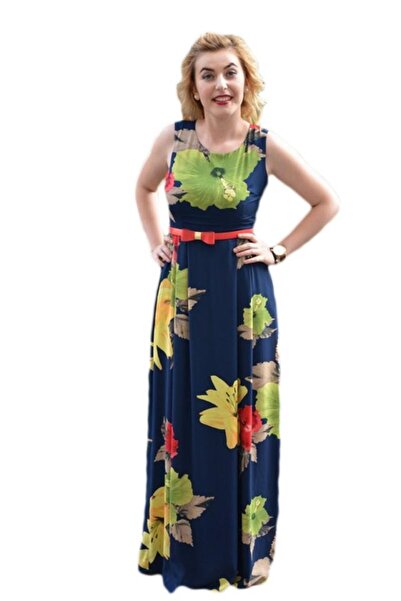 OEM Rochie comoda de vara, model lung, bleumarin cu flori colorate