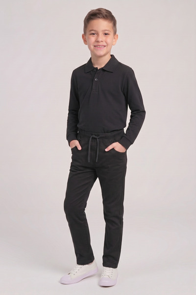 nacar çarşı Boys' Black Long Sleeve Polo Collar T-Shirt Black Ribbed Waist Ca...