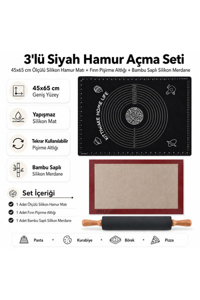 3’lü Siyah Hamur Açma Seti 45X65 cm – Ölçülü Silikon Hamur Matı, Fırın Pişirme Altlığı ve Bambu Saplı Silikon Merdane