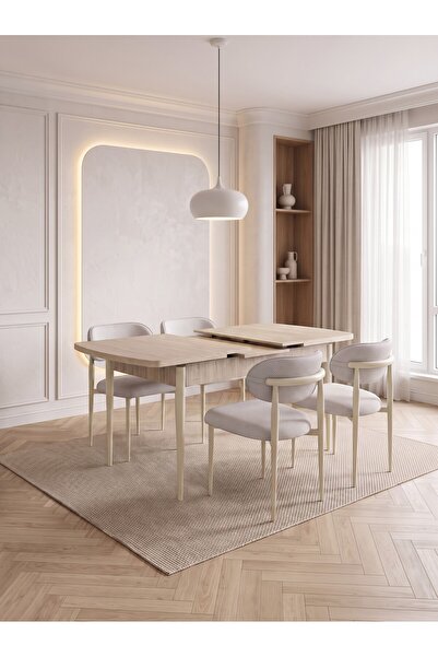 Concept Ayz Home Bella Serisi 4 Kişilik Krem Kumaş 80*130 Traverten Masa Sand...
