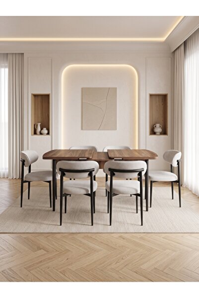 Concept Ayz Home Bella Serisi 6 Kişilik Krem Kumaş 80*130 Çam Masa Sandalye S...