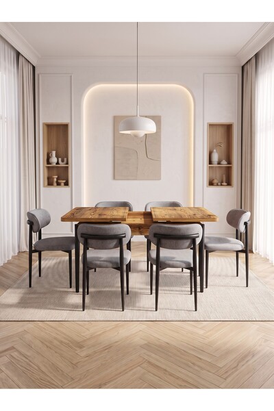 Concept Ayz Home Bella Serisi 6 Kişilik A.Gri Kumaş 80*130 Çam Masa Sandalye ...