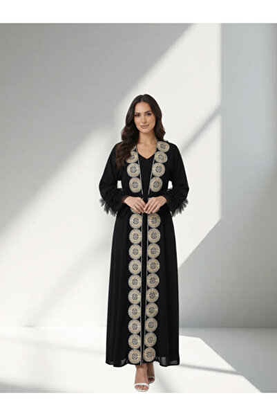 FNM Medallion Embroidered Abaya with Feather Cuffs