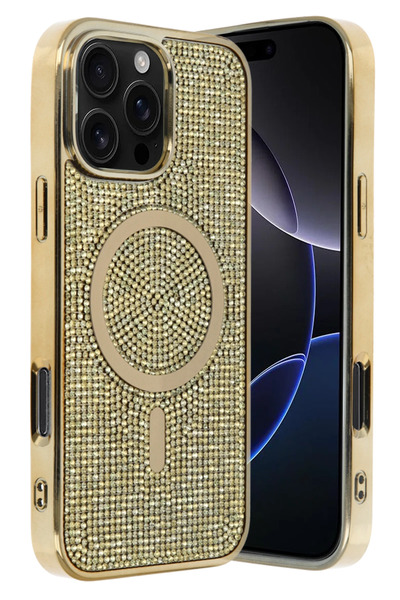 Apple iPhone 16 Pro Max Crysta Kapak – Parlak Taşlı & Premium Stil - Gold