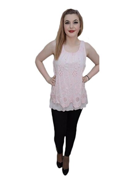 OEM Bluza fara maneci, de culoare roz pudra, cu design brodat