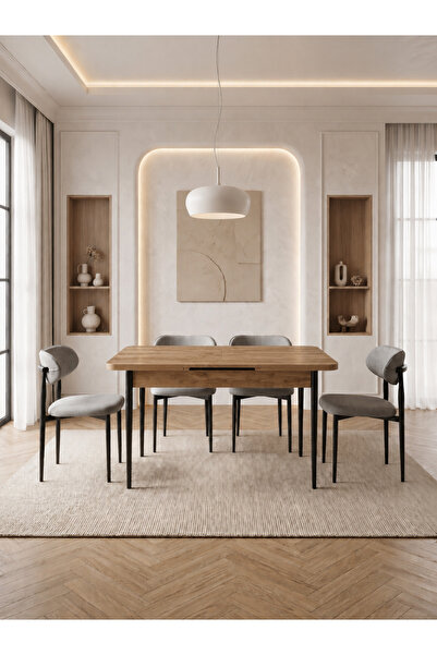 Concept Ayz Home Bella Serisi 4 Kişilik A.Gri Kumaş 80*130 Çam Masa Sandalye ...