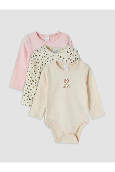 LC Waikiki Crew Neck Printed Baby Girl 3-Piece Snap-On Bodysuit (W6)
