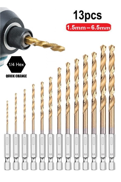 Depolife 13 Adet Titanyum Matkap Ucu Seti 1/4" Hex 1.5-6.5mm Titanyum Kaplı Y...