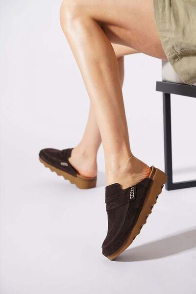 Moda Pie Puntas belted loafer genuine leather women's slipper coffee suede