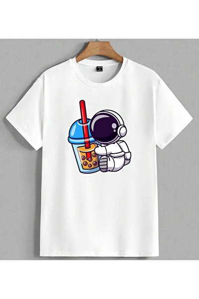 ELFERA Alien Drink Boba Tea T-shirt sa printom, unisex, velika veličina, bela